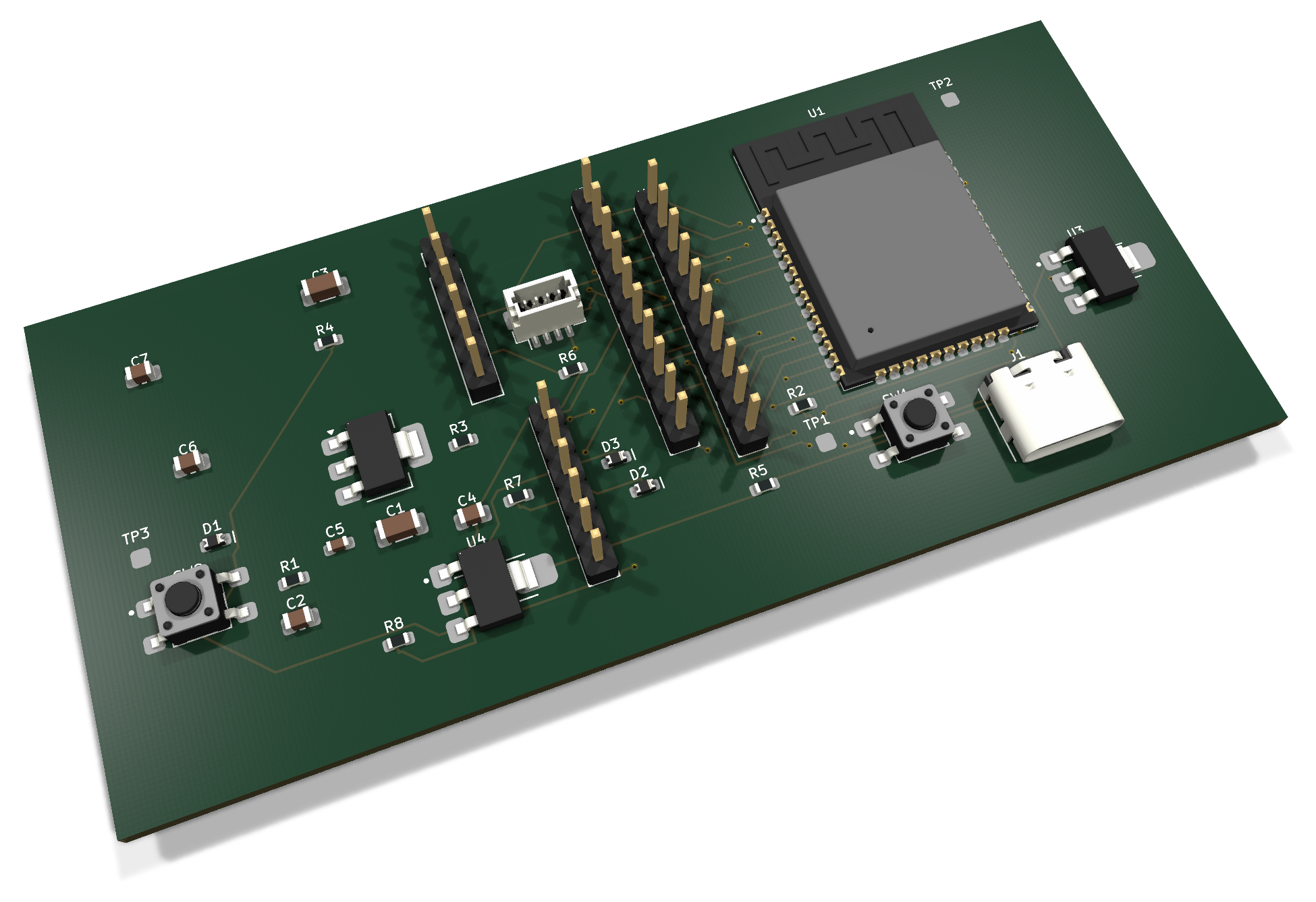 The ESP32 dev board Ada placed and routed, rendered by kicad-cli from the KiCad file