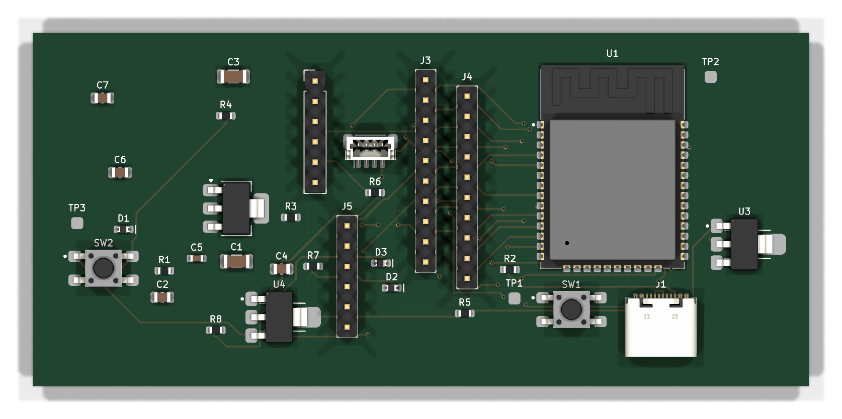 Top copper of the ESP32 dev board Ada placed and routed, rendered by kicad-cli
